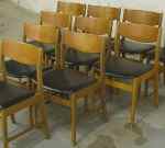 8 Danish chairs. teak & black vinyl, 60's, SOLD